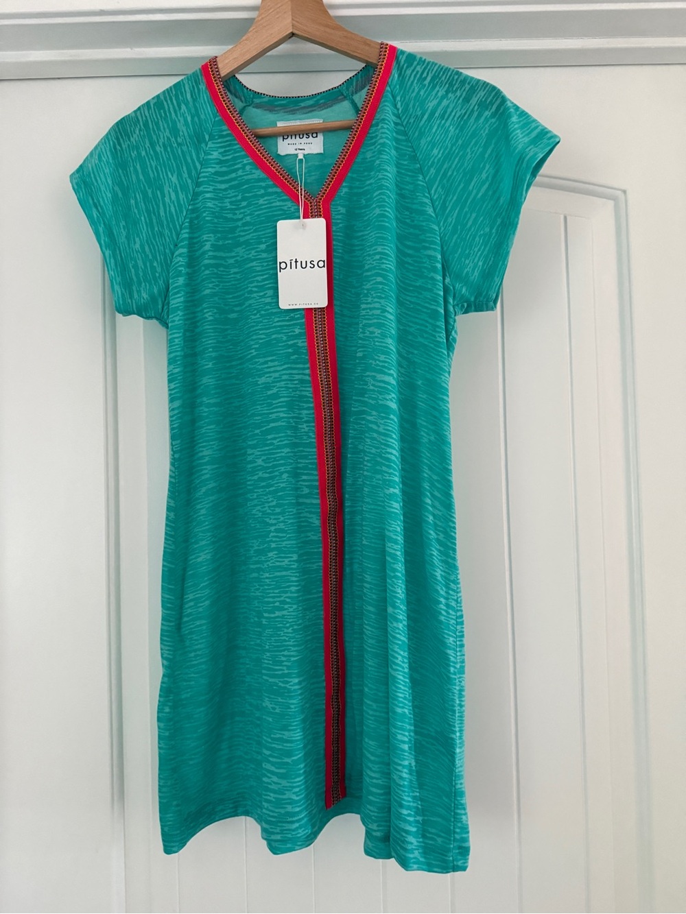 Pitusa Teal V-Neck Top with Coral Trim